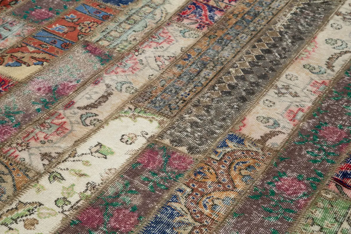 Patchwork Multi Pamuk Üzerine Yün El Dokuma Kilim-205x303 - Görsel 5