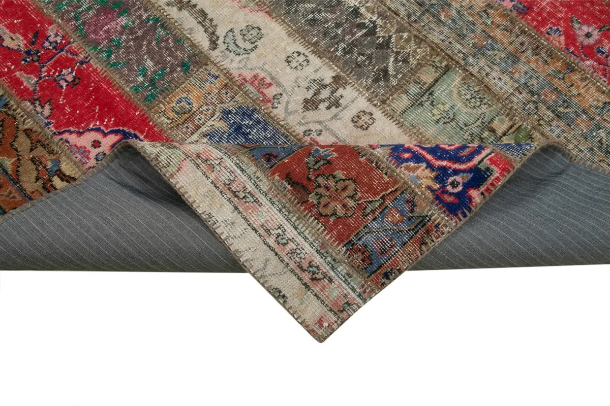 Patchwork Multi Pamuk Üzerine Yün El Dokuma Kilim-205x303 - Görsel 6