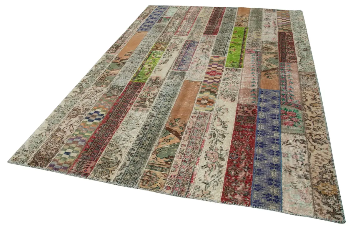 Patchwork Multi Pamuk Üzerine Yün El Dokuma Kilim-200x300 - Görsel 2