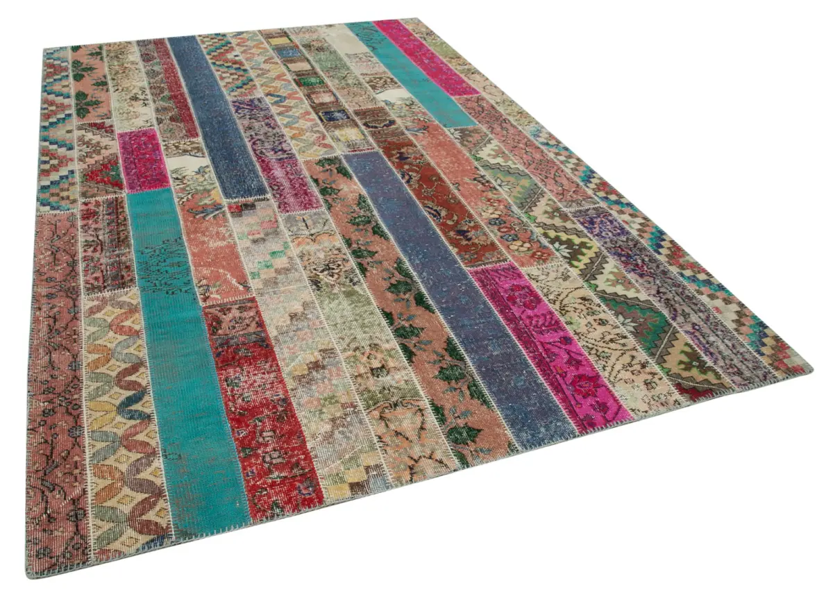 Patchwork Multi Pamuk Üzerine Yün El Dokuma Kilim-204x305 - Görsel 2