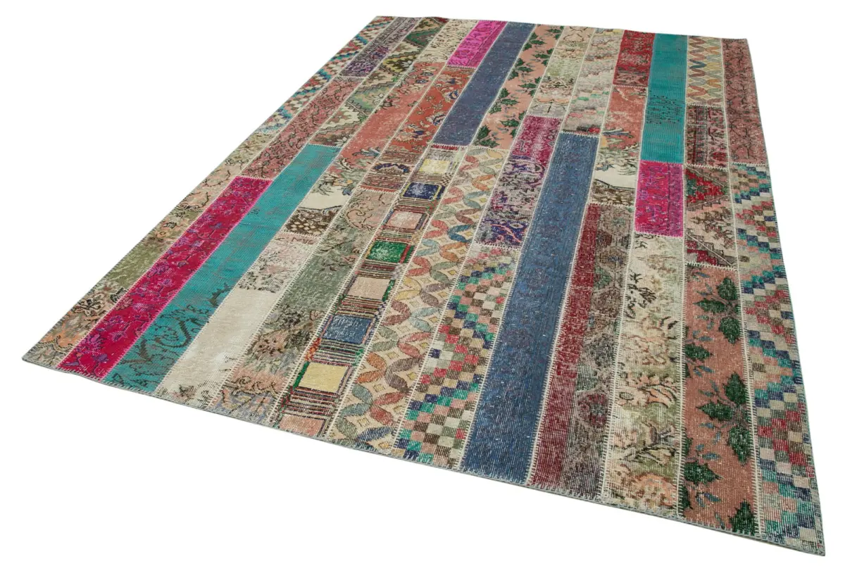 Patchwork Multi Pamuk Üzerine Yün El Dokuma Kilim-204x305 - Görsel 3