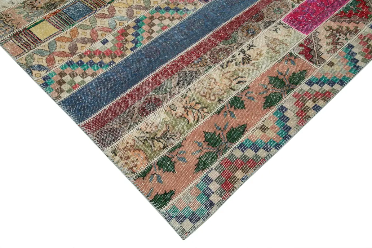 Patchwork Multi Pamuk Üzerine Yün El Dokuma Kilim-204x305 - Görsel 4