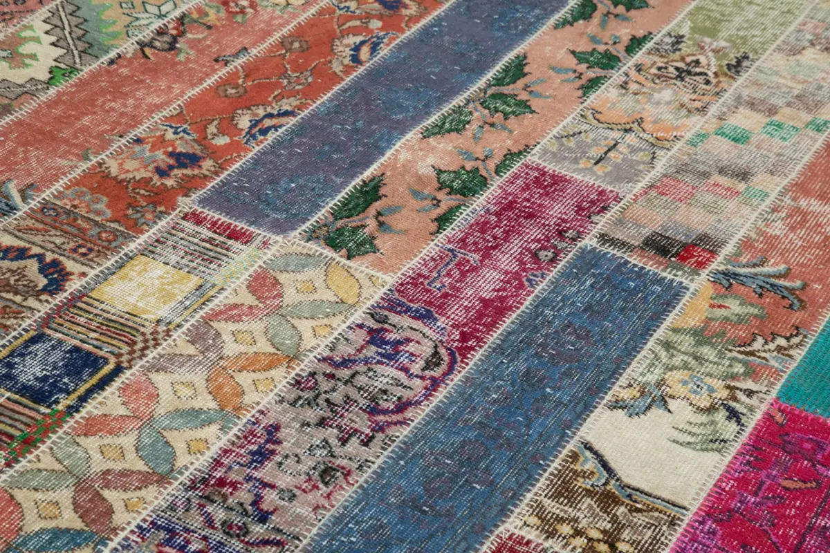 Patchwork Multi Pamuk Üzerine Yün El Dokuma Kilim-204x305 - Görsel 5