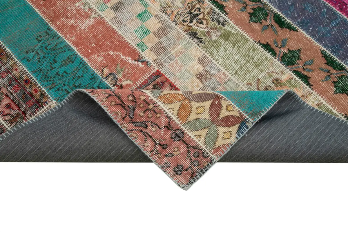 Patchwork Multi Pamuk Üzerine Yün El Dokuma Kilim-204x305 - Görsel 6