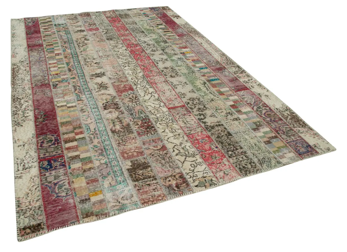 Patchwork Multi Pamuk Üzerine Yün El Dokuma Kilim-203x305 - Görsel 2