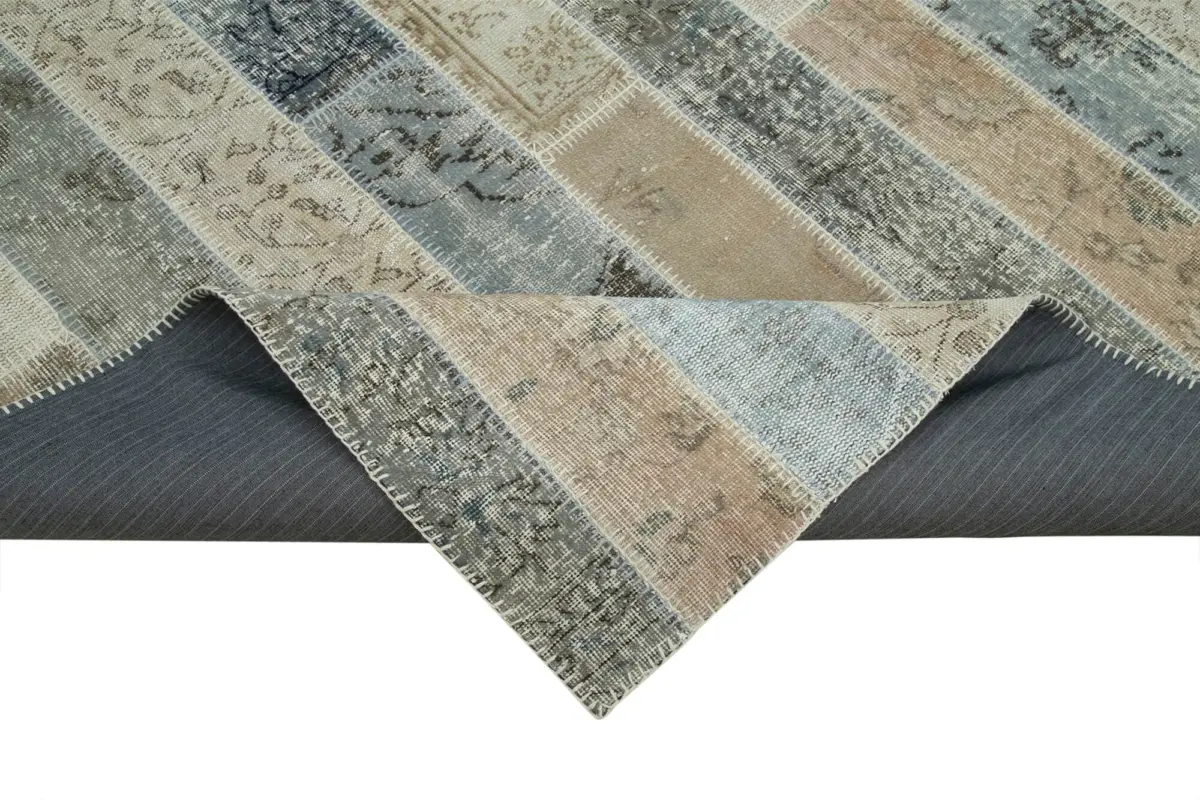 Patchwork Gri Pamuk Üzerine Yün El Dokuma Kilim-203x305 - Görsel 6