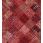 Patchwork Kırmızı Pamuk Üzerine Yün El Dokuma Kilim-197x304