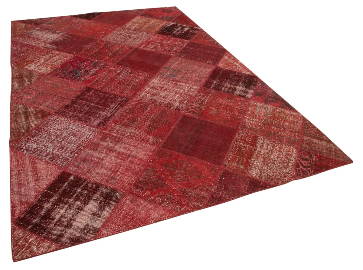 Patchwork Kırmızı Pamuk Üzerine Yün El Dokuma Kilim-197x304 - Görsel 2