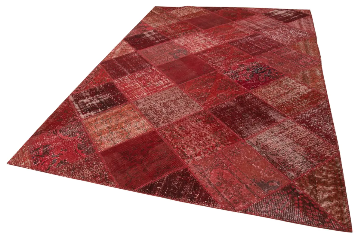 Patchwork Kırmızı Pamuk Üzerine Yün El Dokuma Kilim-197x304 - Görsel 3