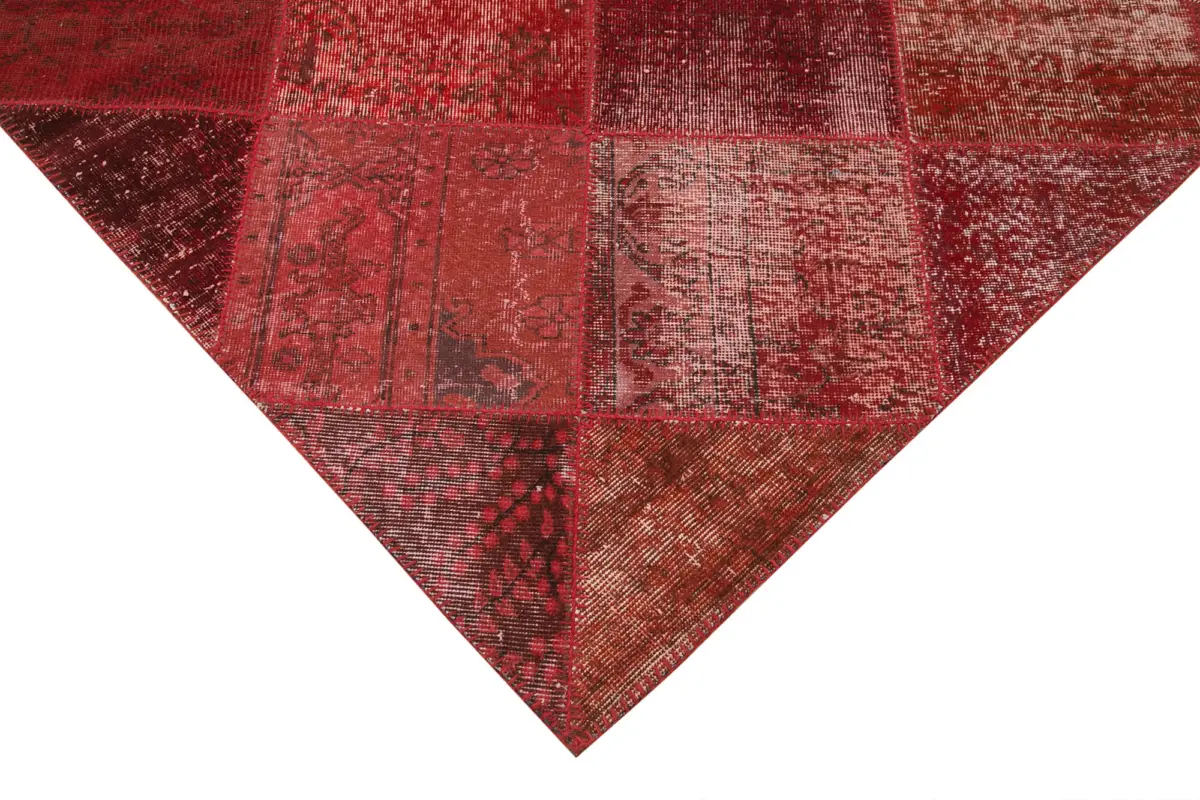 Patchwork Kırmızı Pamuk Üzerine Yün El Dokuma Kilim-197x304 - Görsel 4