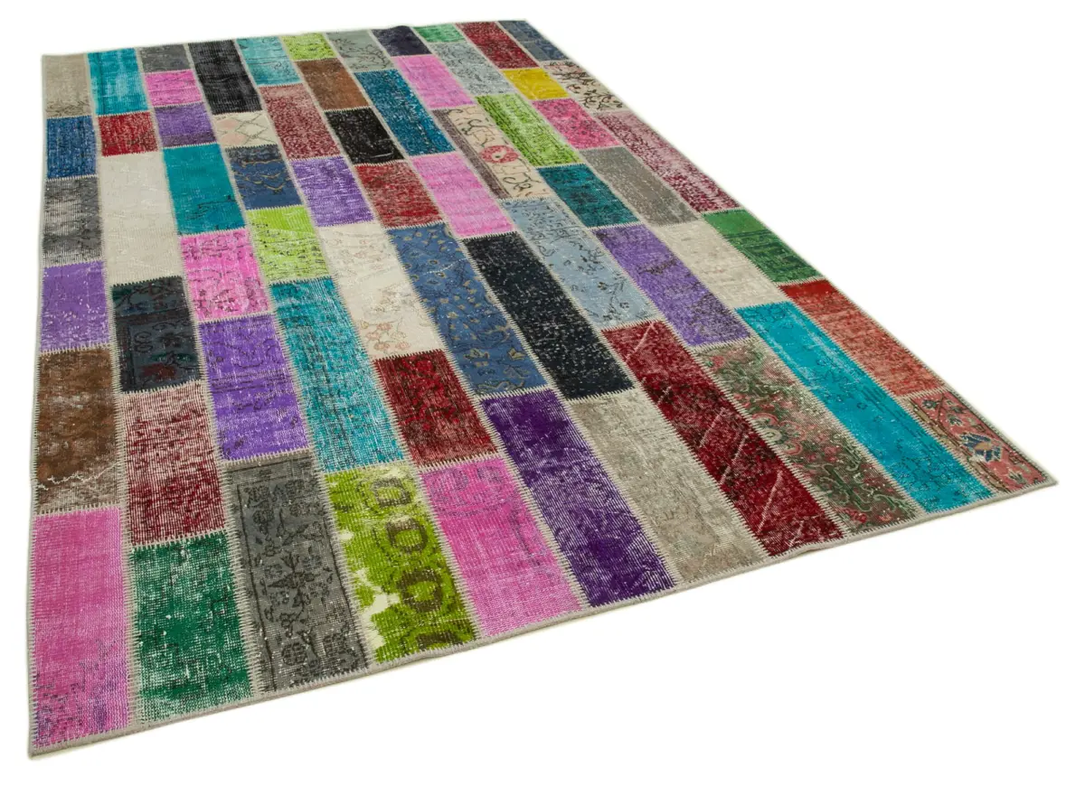 Patchwork Multi Pamuk Üzerine Yün El Dokuma Kilim-195x304 - Görsel 2