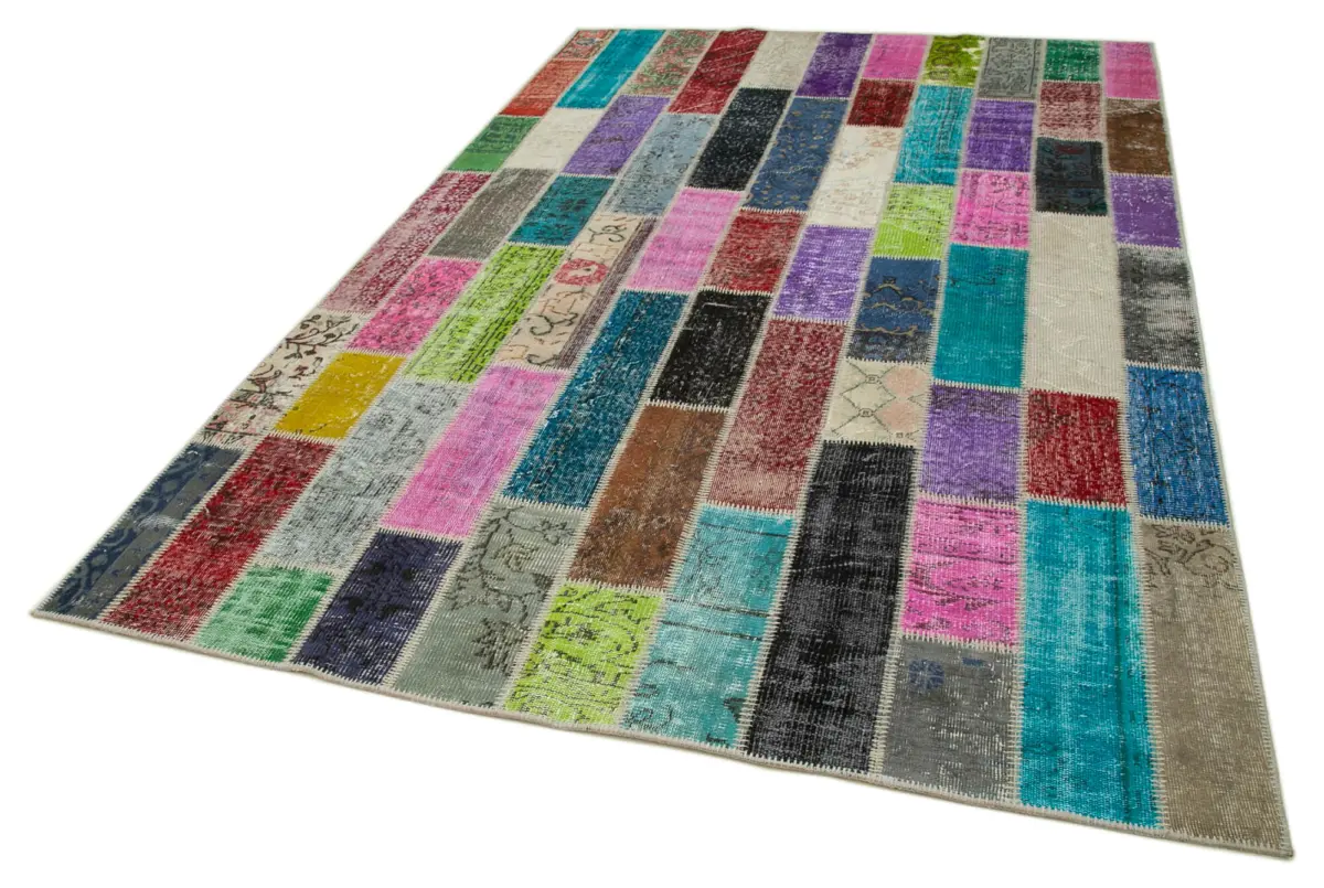 Patchwork Multi Pamuk Üzerine Yün El Dokuma Kilim-195x304 - Görsel 3