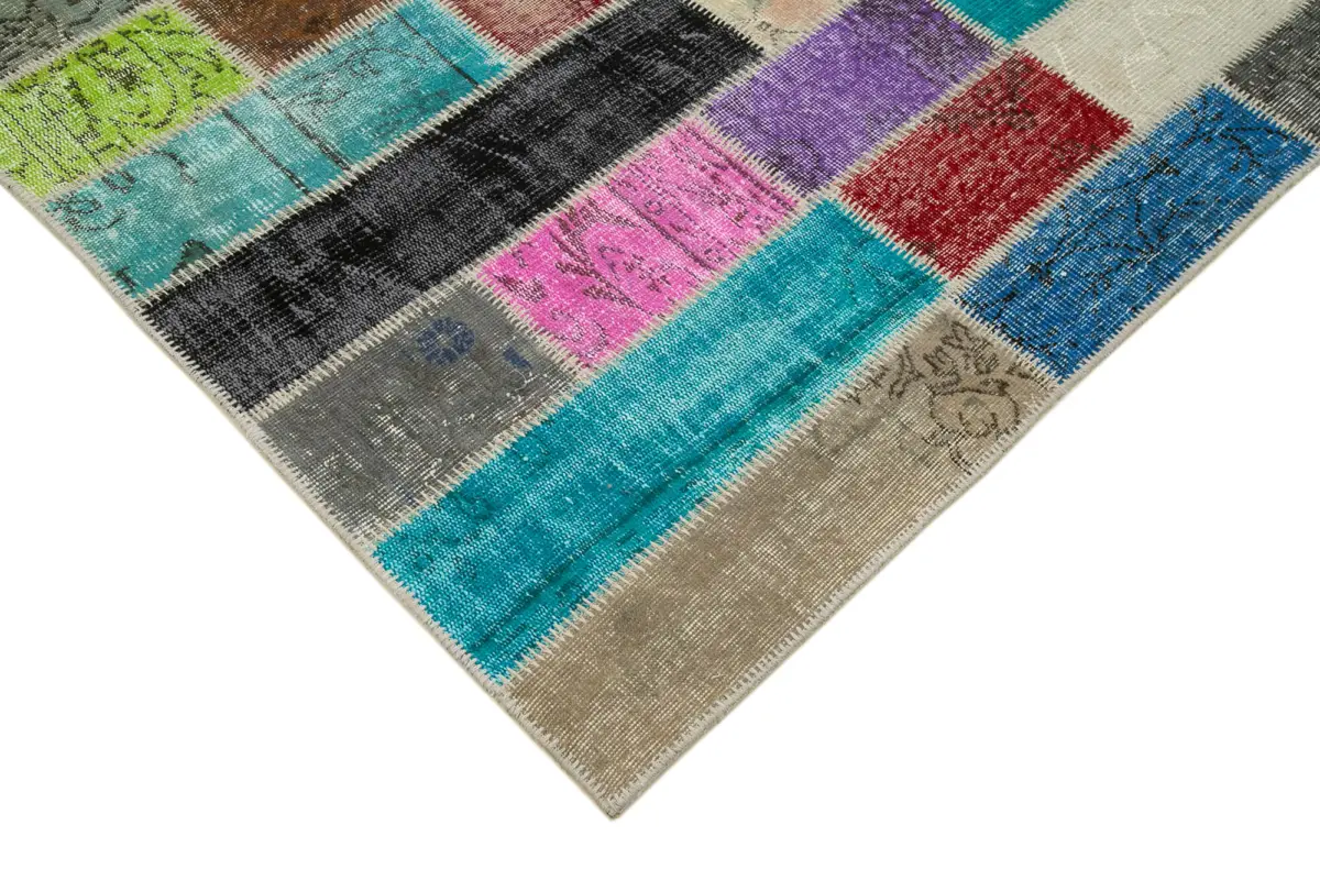 Patchwork Multi Pamuk Üzerine Yün El Dokuma Kilim-195x304 - Görsel 4