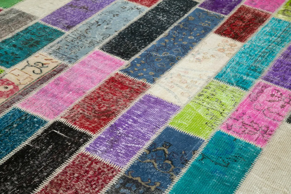 Patchwork Multi Pamuk Üzerine Yün El Dokuma Kilim-195x304 - Görsel 5