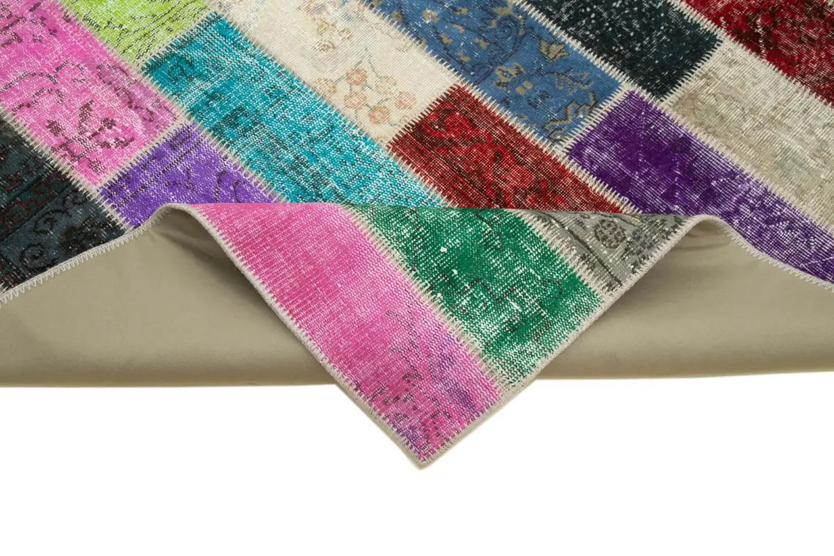 Patchwork Multi Pamuk Üzerine Yün El Dokuma Kilim-195x304 - Görsel 6