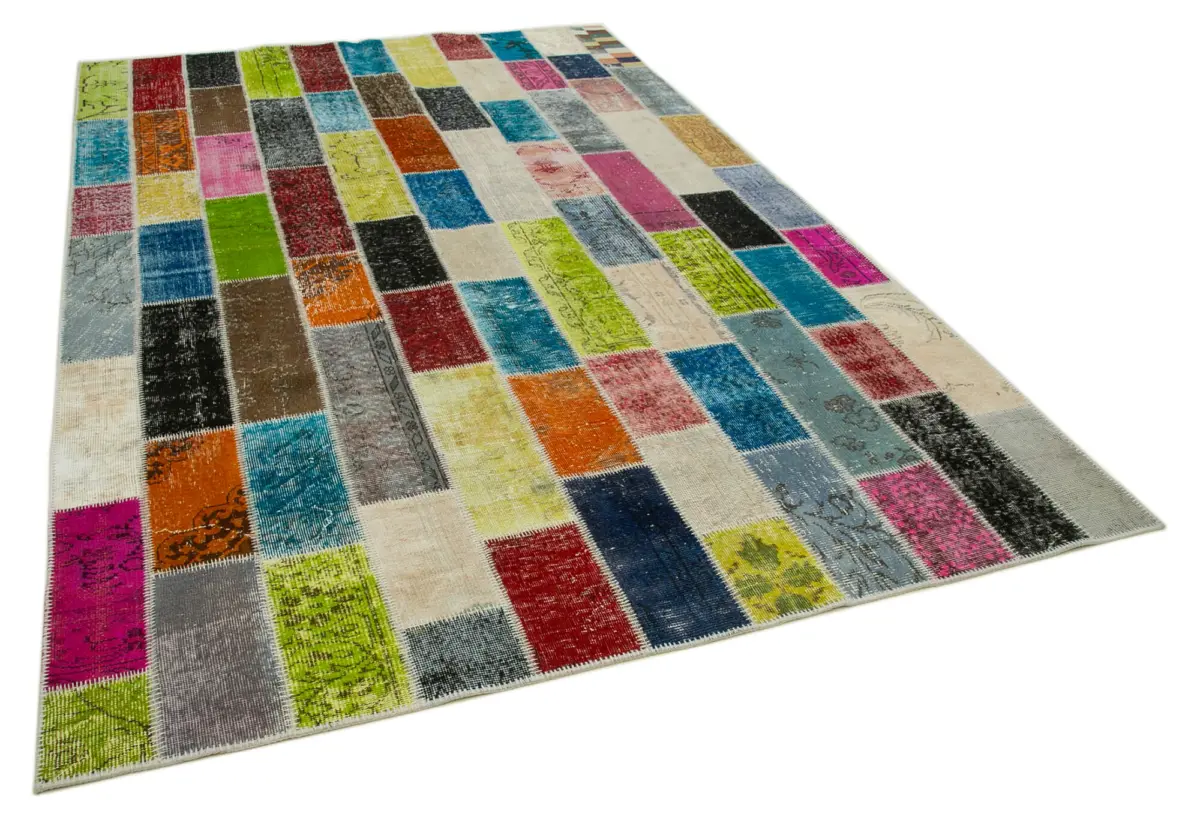 Patchwork Multi Pamuk Üzerine Yün El Dokuma Kilim-202x305 - Görsel 2