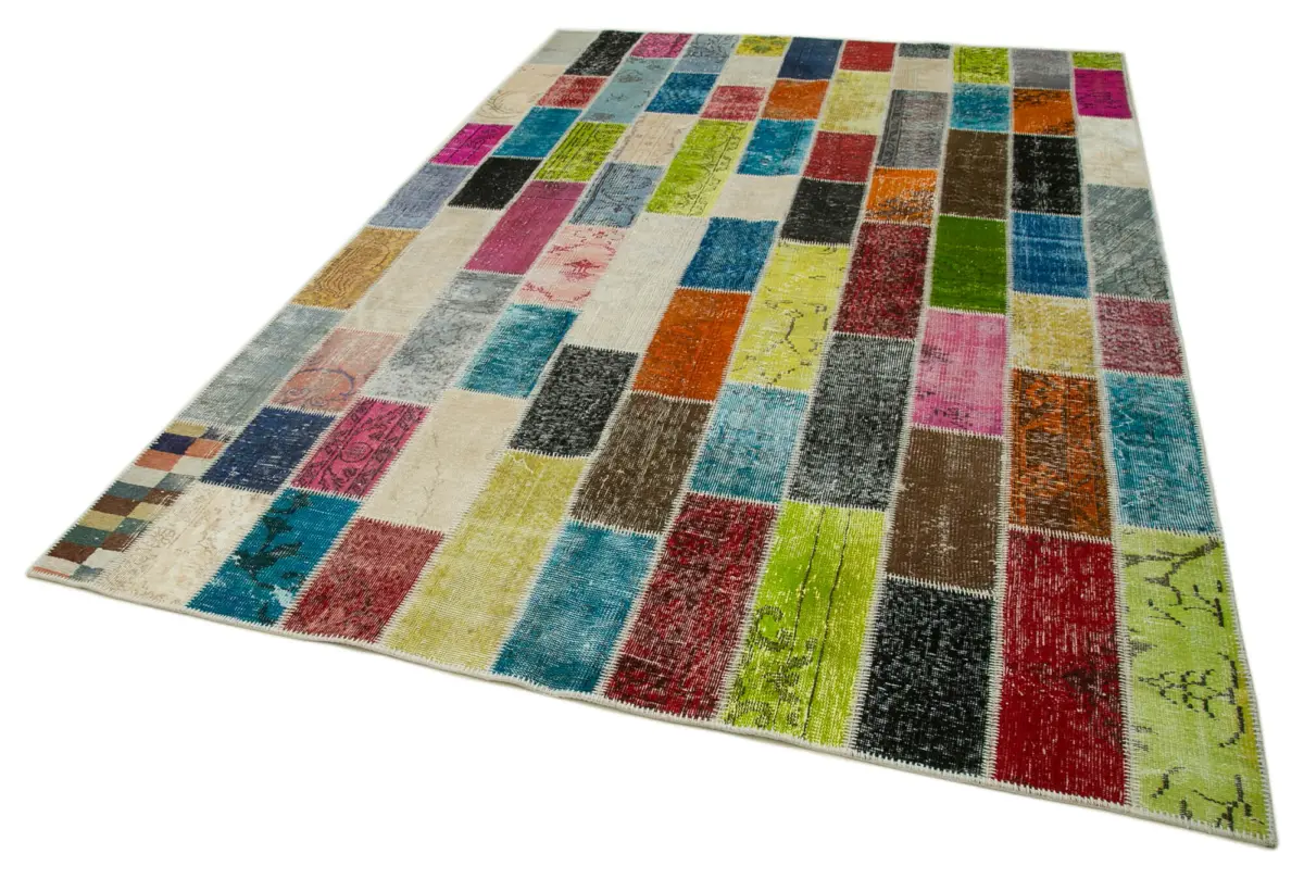 Patchwork Multi Pamuk Üzerine Yün El Dokuma Kilim-202x305 - Görsel 3