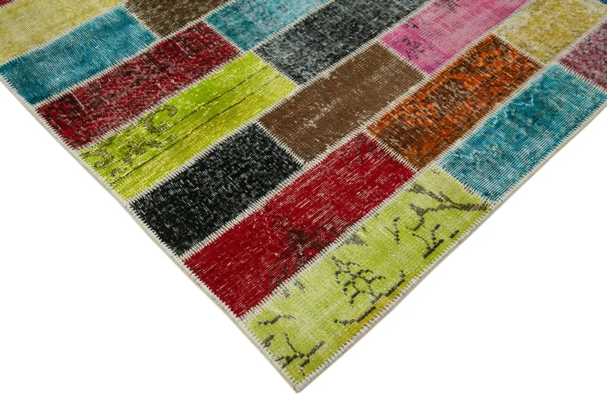 Patchwork Multi Pamuk Üzerine Yün El Dokuma Kilim-202x305 - Görsel 4