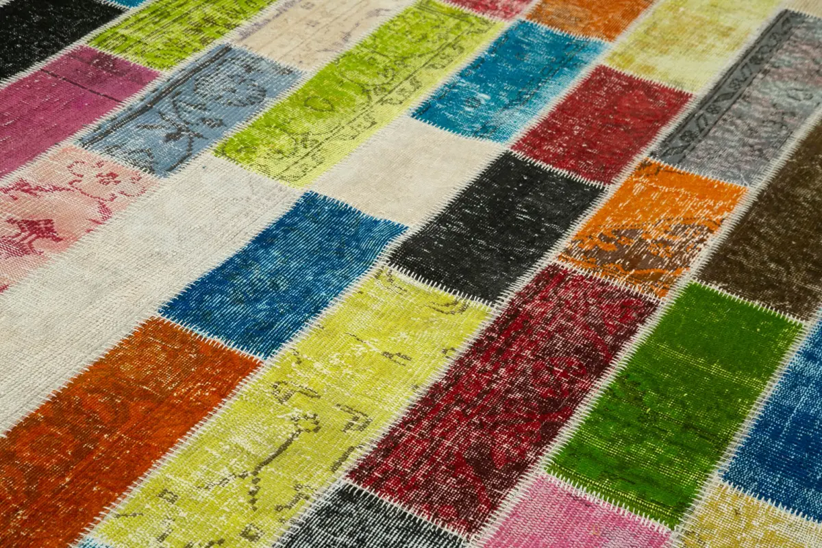 Patchwork Multi Pamuk Üzerine Yün El Dokuma Kilim-202x305 - Görsel 5