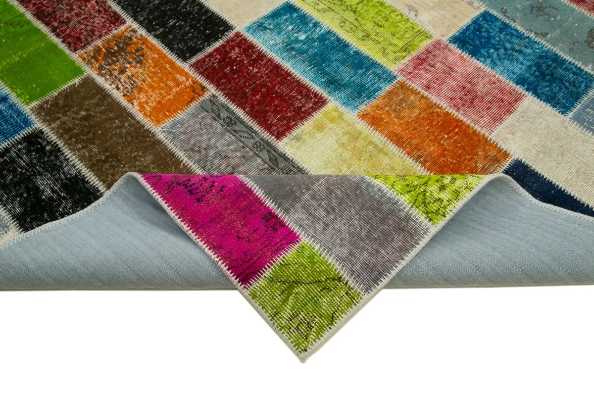 Patchwork Multi Pamuk Üzerine Yün El Dokuma Kilim-202x305 - Görsel 6