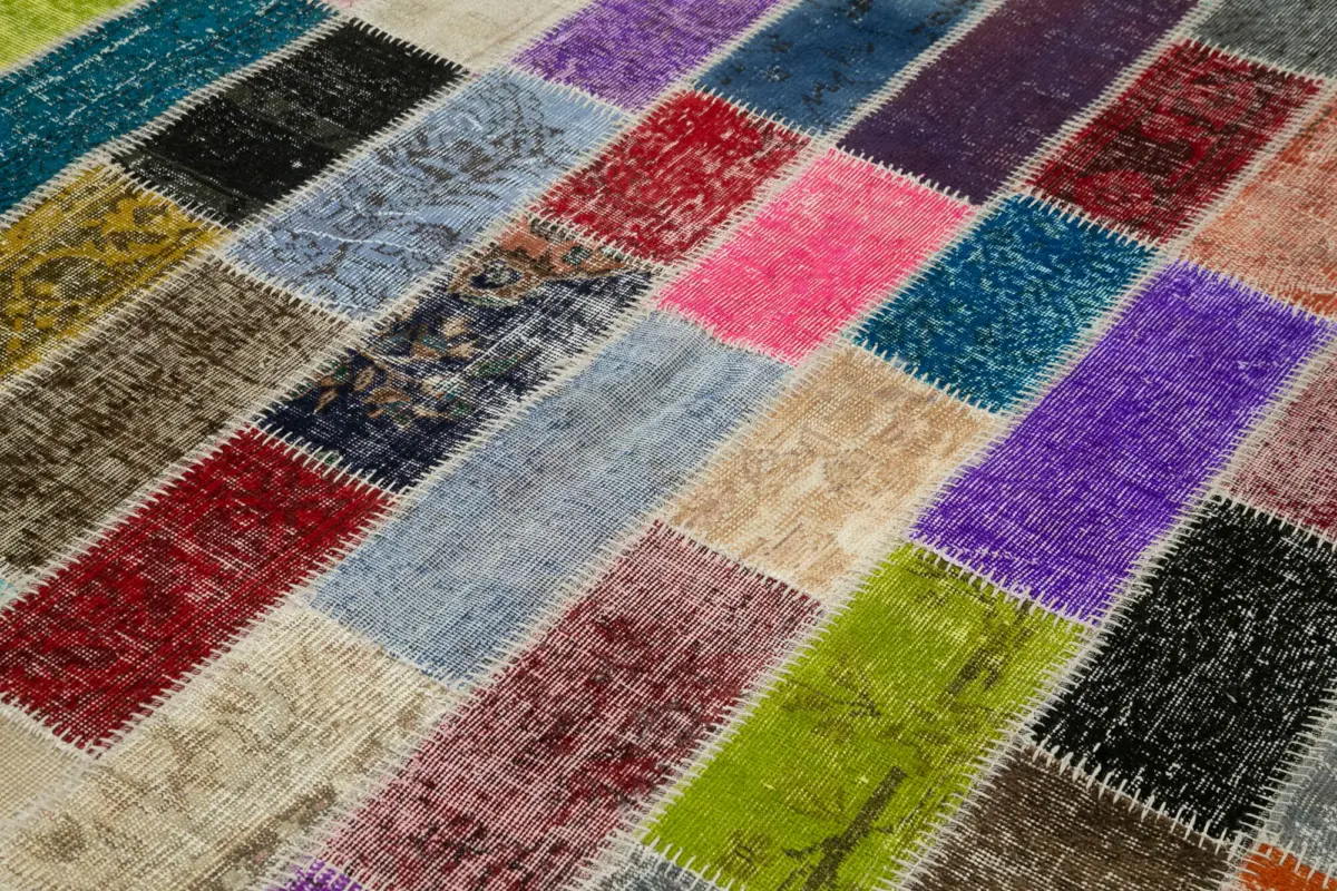 Patchwork Multi Pamuk Üzerine Yün El Dokuma Kilim-198x304 - Görsel 5