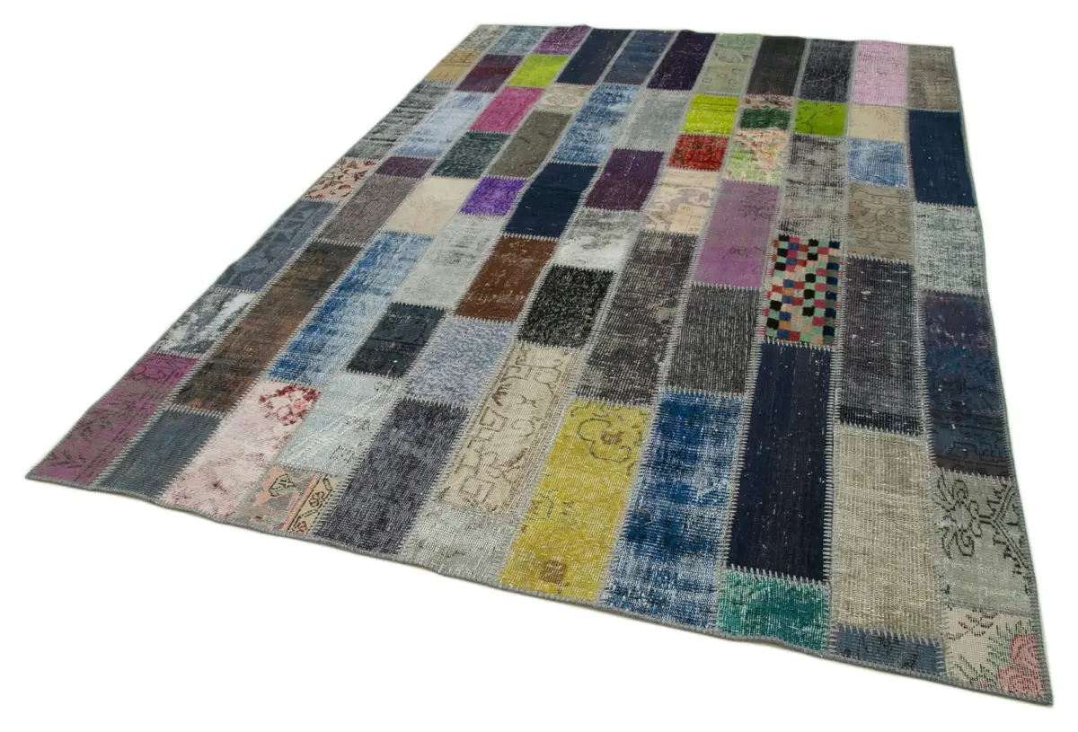 Patchwork Multi Pamuk Üzerine Yün El Dokuma Kilim-204x304 - Görsel 3
