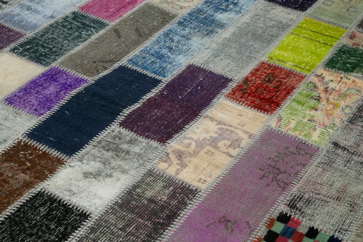 Patchwork Multi Pamuk Üzerine Yün El Dokuma Kilim-204x304 - Görsel 5