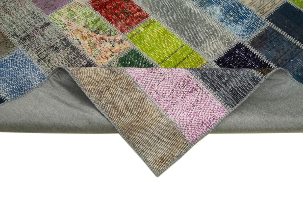 Patchwork Multi Pamuk Üzerine Yün El Dokuma Kilim-204x304 - Görsel 6