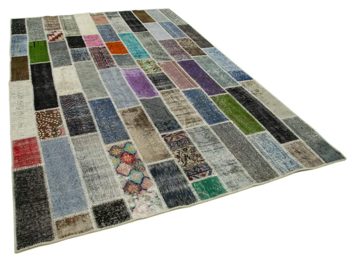 Patchwork Multi Pamuk Üzerine Yün El Dokuma Kilim-203x312 - Görsel 2