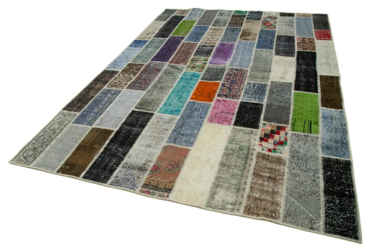 Patchwork Multi Pamuk Üzerine Yün El Dokuma Kilim-203x312 - Görsel 3