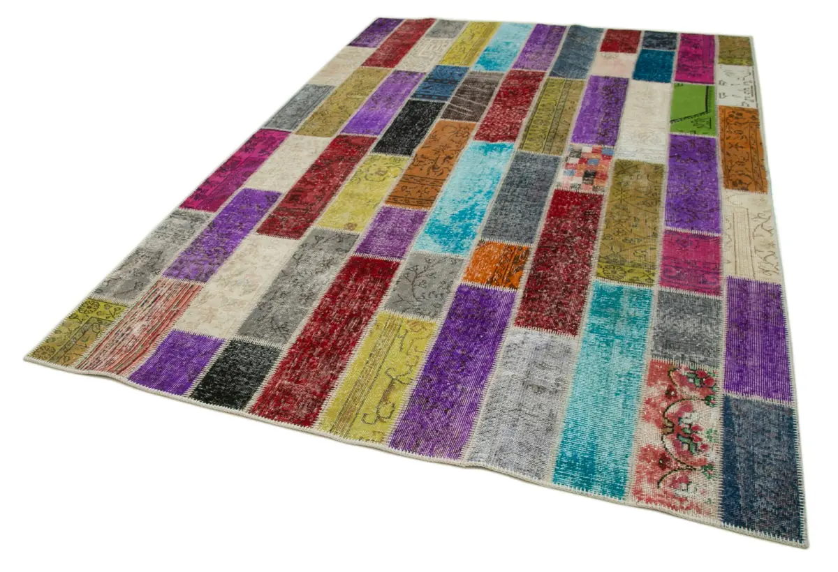 Patchwork Multi Pamuk Üzerine Yün El Dokuma Kilim-203x300 - Görsel 3
