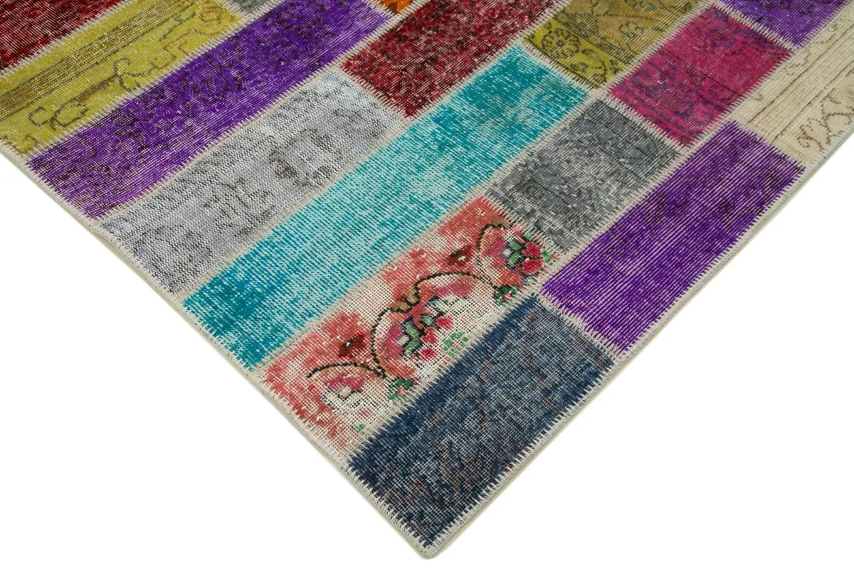 Patchwork Multi Pamuk Üzerine Yün El Dokuma Kilim-203x300 - Görsel 4