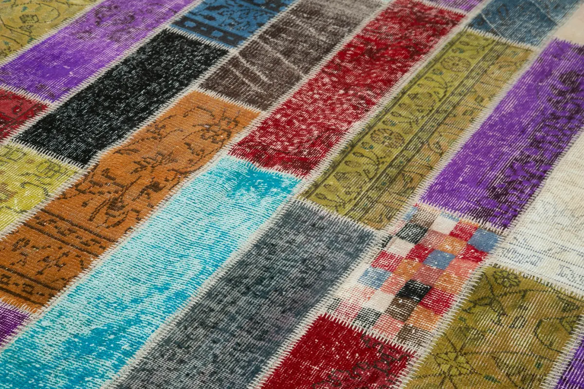 Patchwork Multi Pamuk Üzerine Yün El Dokuma Kilim-203x300 - Görsel 5