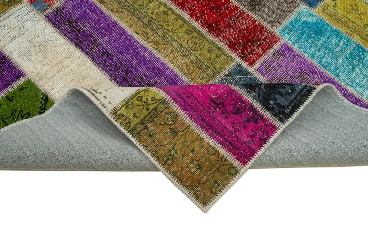 Patchwork Multi Pamuk Üzerine Yün El Dokuma Kilim-203x300 - Görsel 6