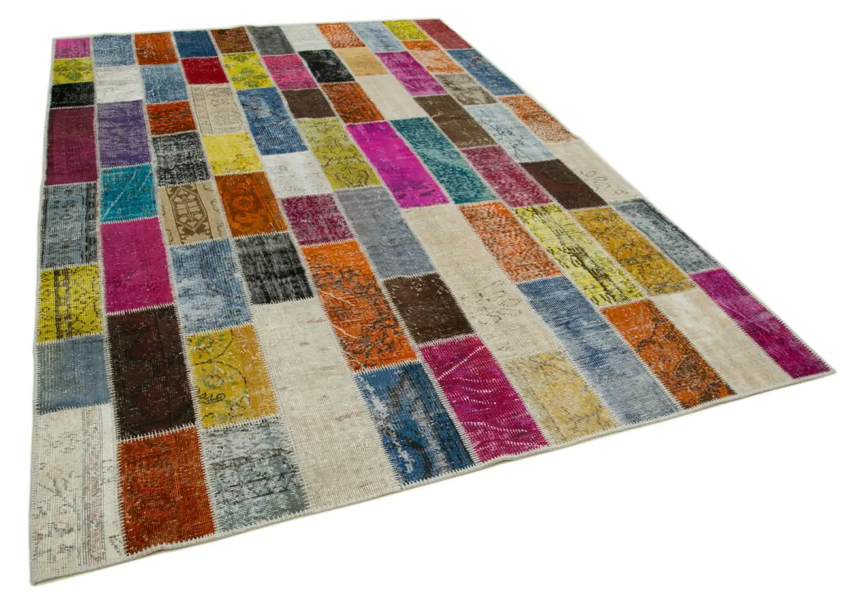 Patchwork Multi Pamuk Üzerine Yün El Dokuma Kilim-203x300 - Görsel 2