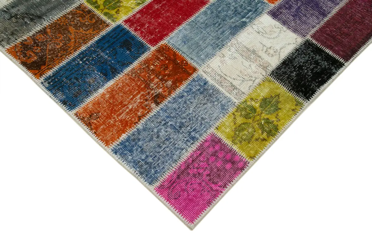 Patchwork Multi Pamuk Üzerine Yün El Dokuma Kilim-203x300 - Görsel 4