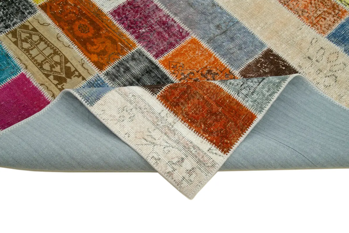 Patchwork Multi Pamuk Üzerine Yün El Dokuma Kilim-203x300 - Görsel 6