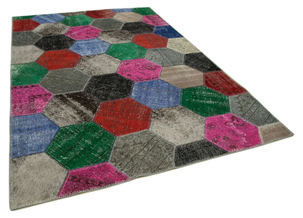 Patchwork Multi Pamuk Üzerine Yün El Dokuma Kilim-201x304 - Görsel 2