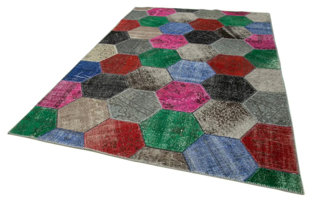 Patchwork Multi Pamuk Üzerine Yün El Dokuma Kilim-201x304 - Görsel 3