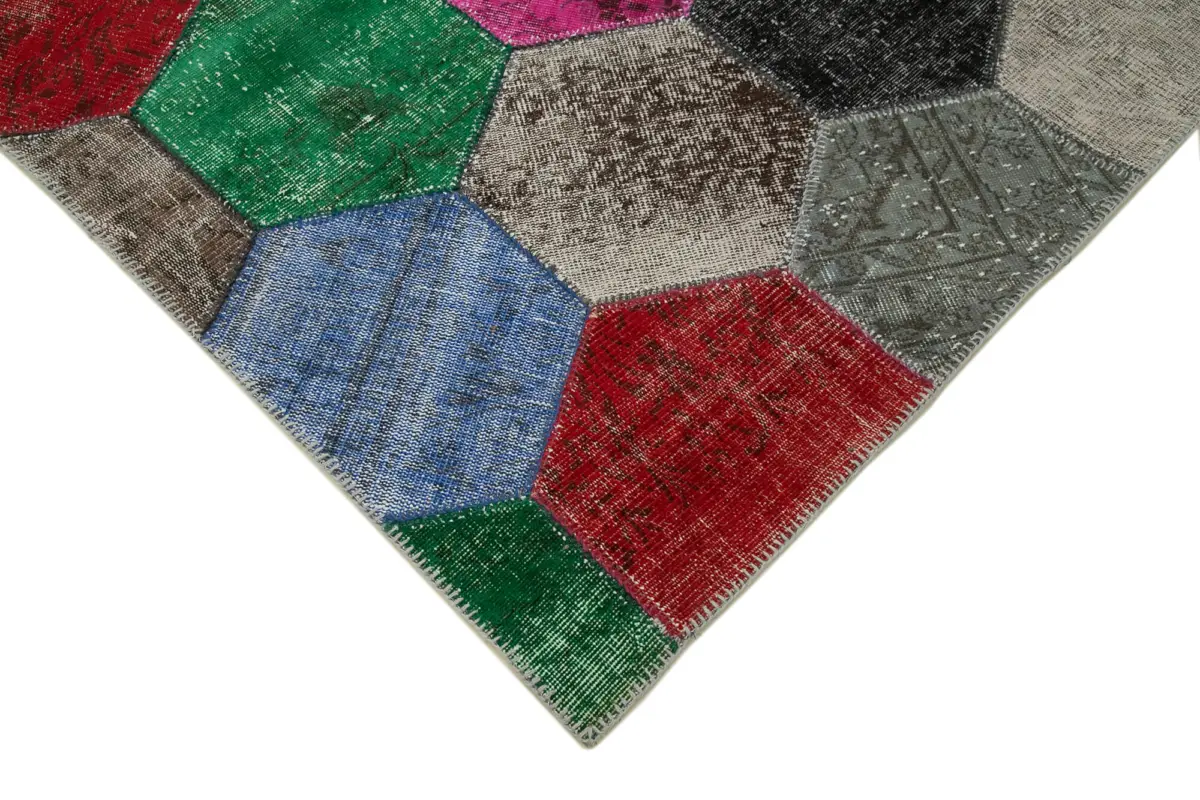 Patchwork Multi Pamuk Üzerine Yün El Dokuma Kilim-201x304 - Görsel 4