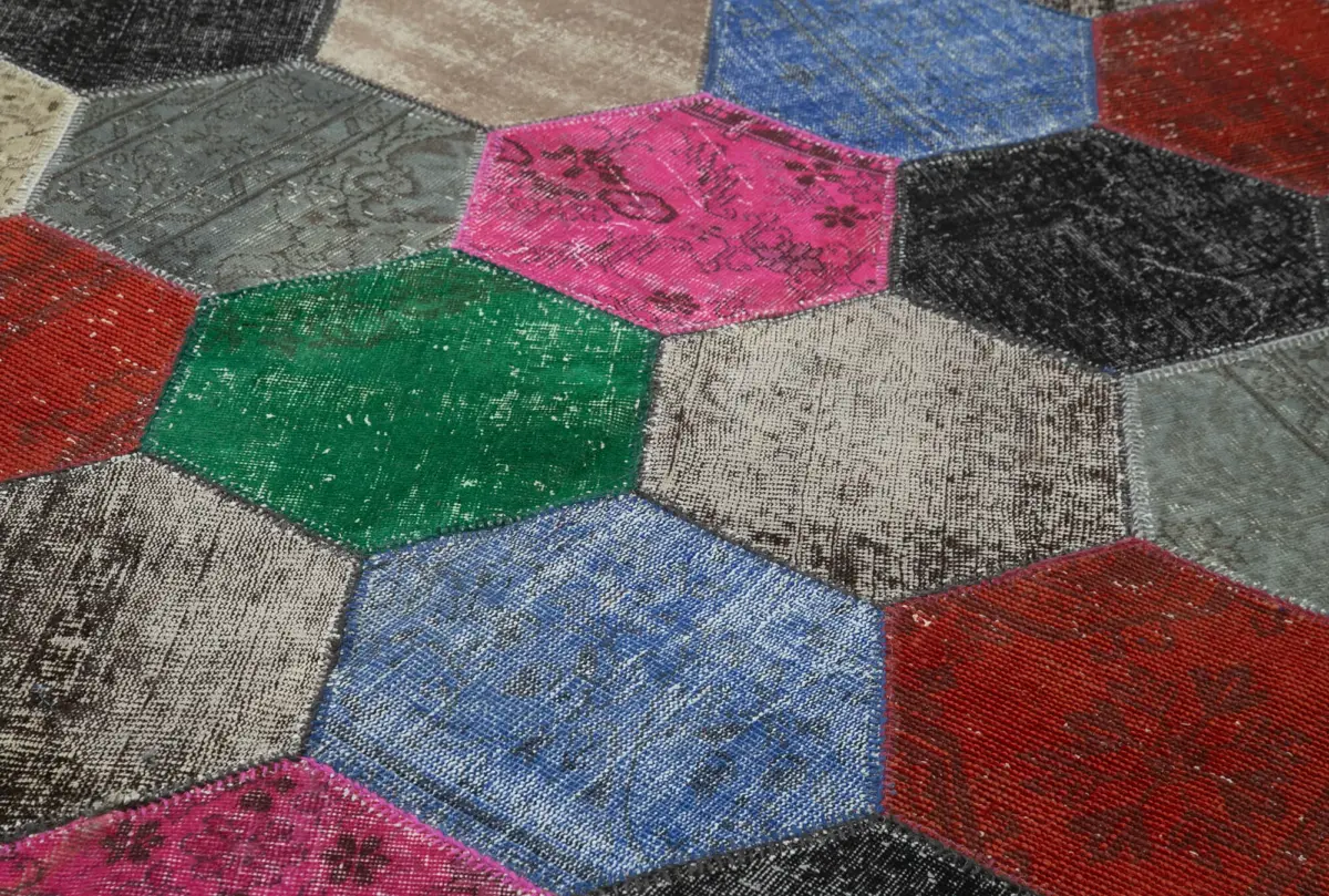 Patchwork Multi Pamuk Üzerine Yün El Dokuma Kilim-201x304 - Görsel 5