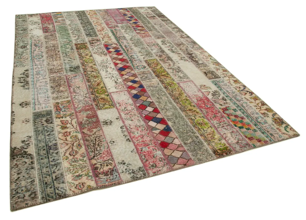 Patchwork Multi Pamuk Üzerine Yün El Dokuma Kilim-202x304 - Görsel 2