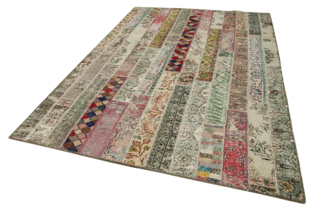 Patchwork Multi Pamuk Üzerine Yün El Dokuma Kilim-202x304 - Görsel 3