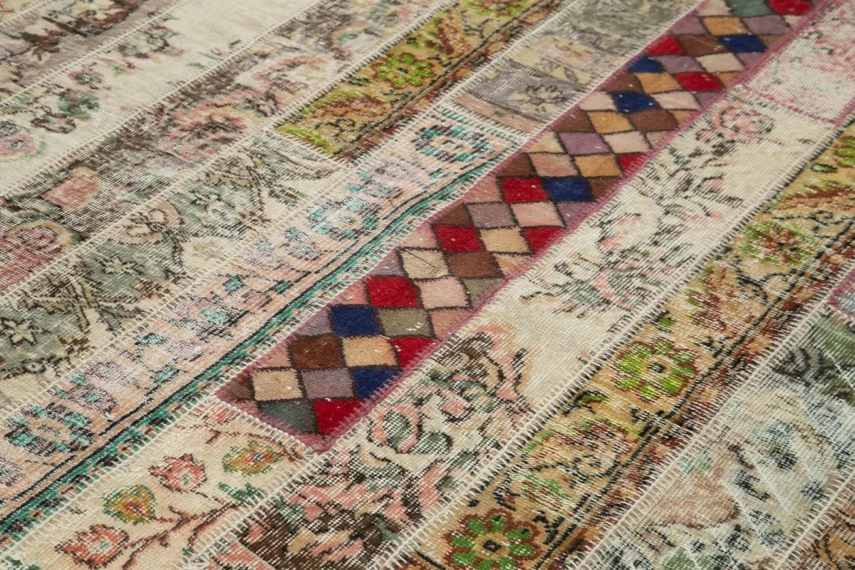 Patchwork Multi Pamuk Üzerine Yün El Dokuma Kilim-202x304 - Görsel 5