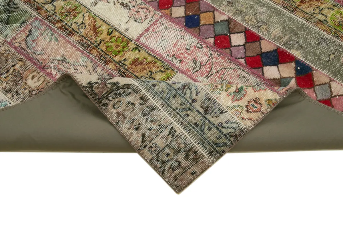 Patchwork Multi Pamuk Üzerine Yün El Dokuma Kilim-202x304 - Görsel 6
