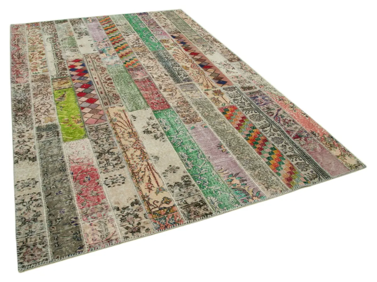 Patchwork Multi Pamuk Üzerine Yün El Dokuma Kilim-202x303 - Görsel 2