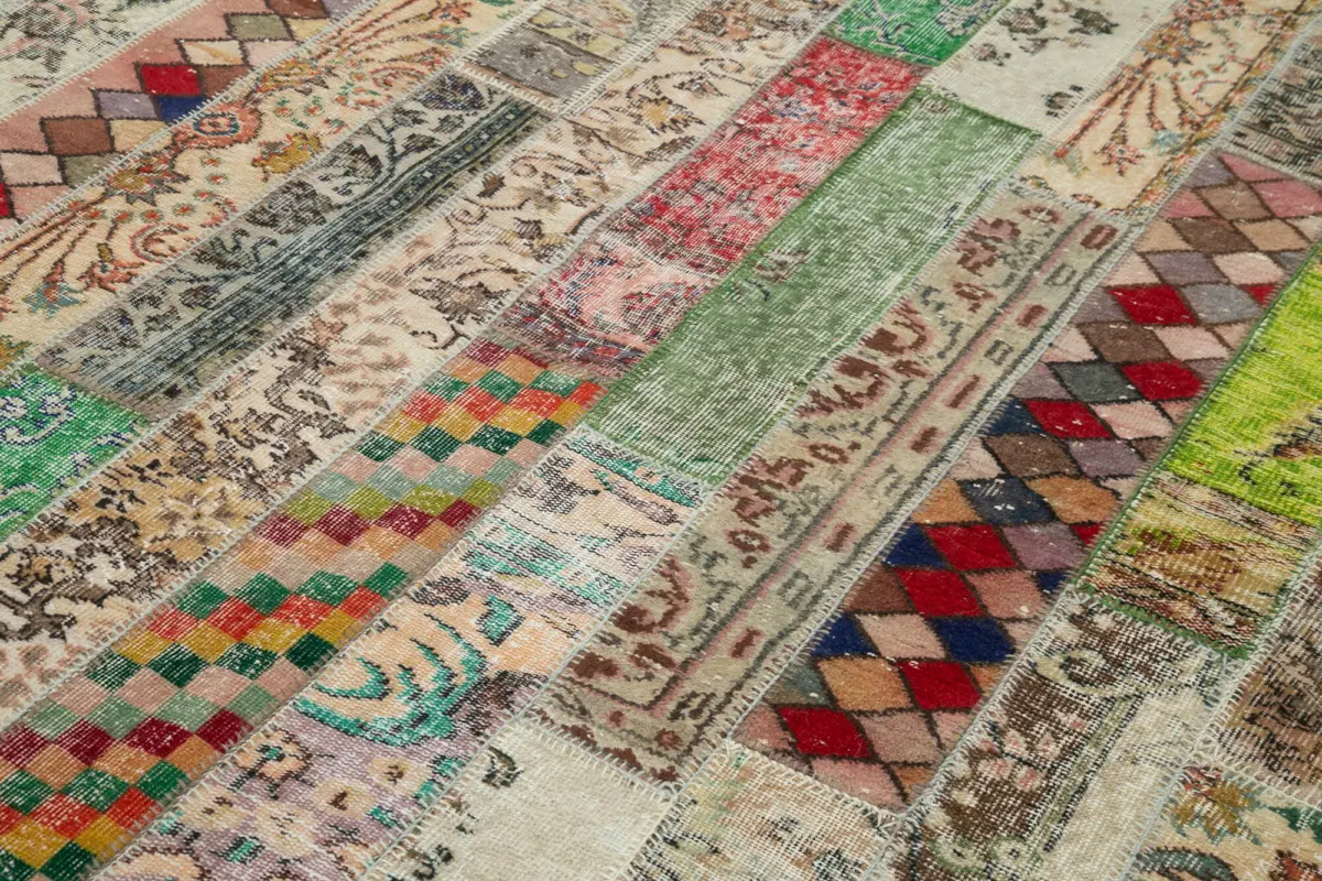 Patchwork Multi Pamuk Üzerine Yün El Dokuma Kilim-202x303 - Görsel 5