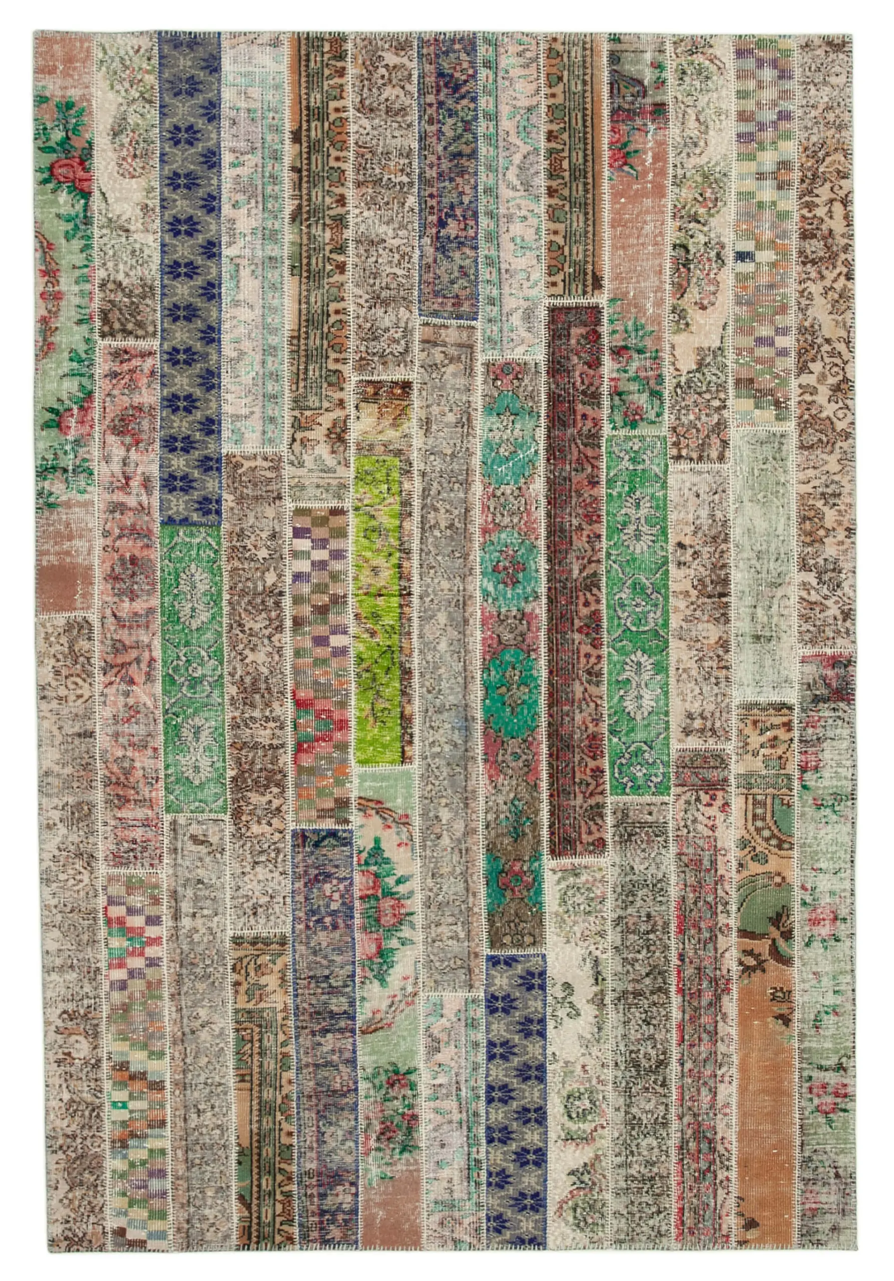 Patchwork Multi Pamuk Üzerine Yün El Dokuma Kilim-202x303 - Görsel 1