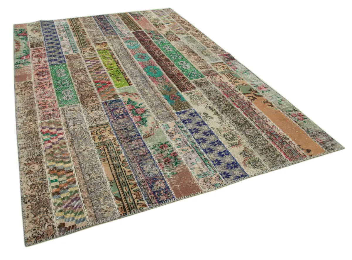 Patchwork Multi Pamuk Üzerine Yün El Dokuma Kilim-202x303 - Görsel 2
