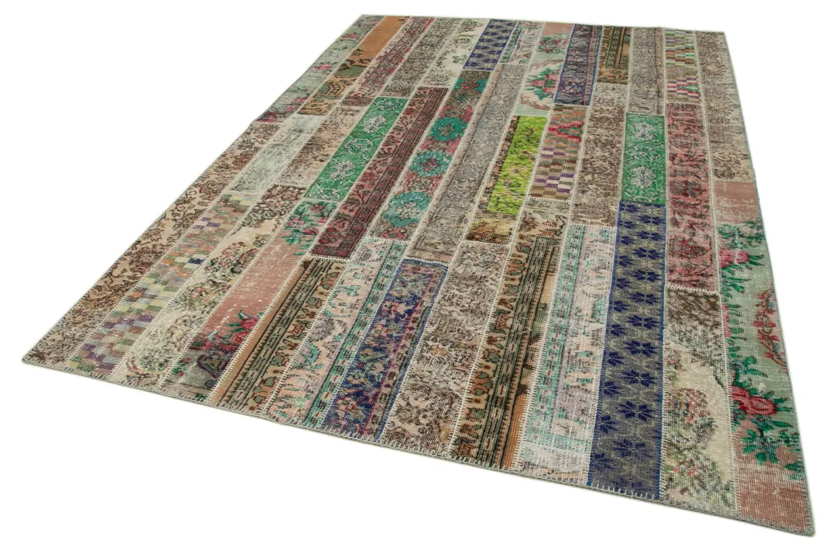 Patchwork Multi Pamuk Üzerine Yün El Dokuma Kilim-202x303 - Görsel 3